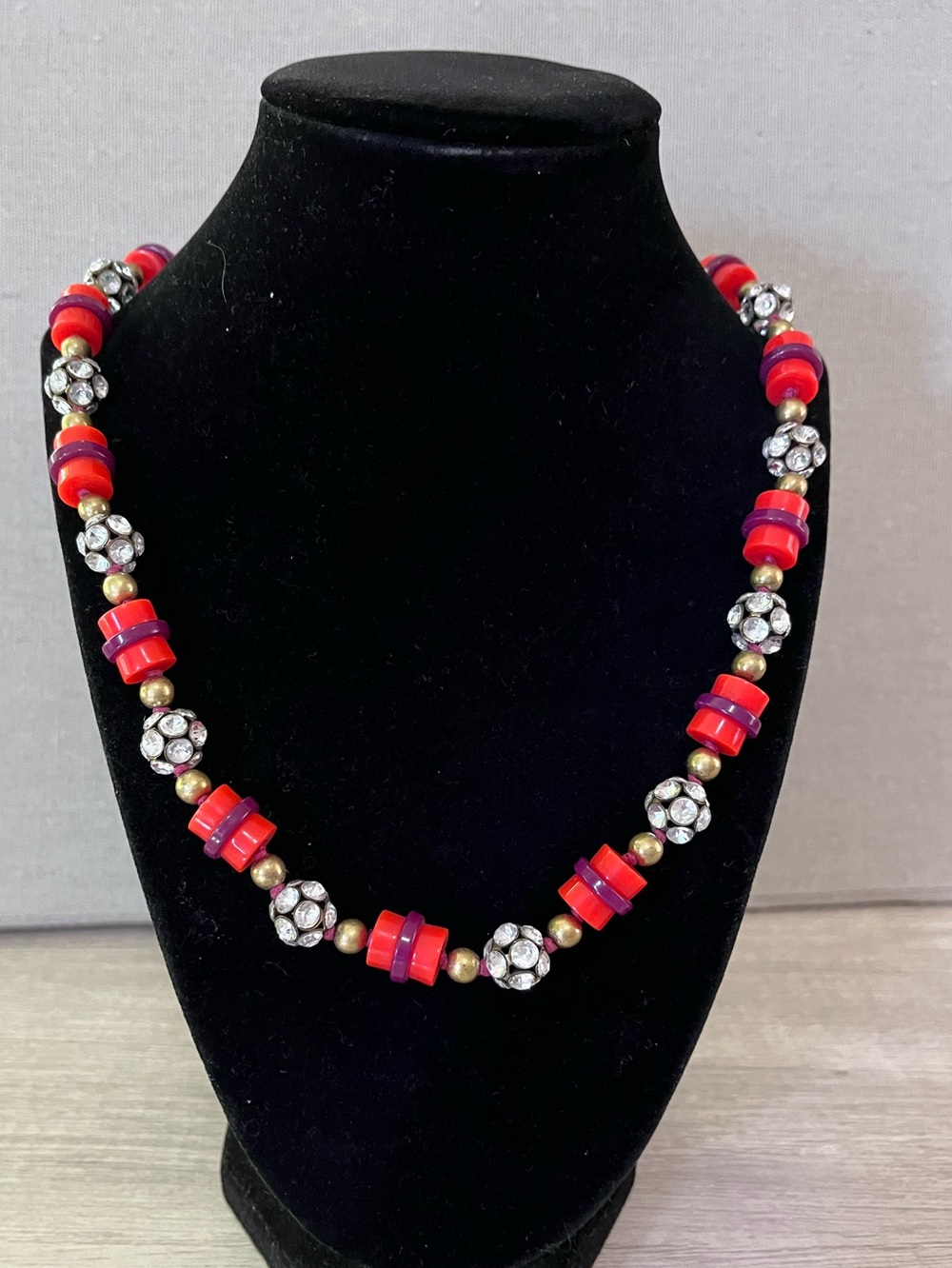 J. Crew Vintage Red & Purple Lucite Pave Set Rhinestone Beaded Necklace
